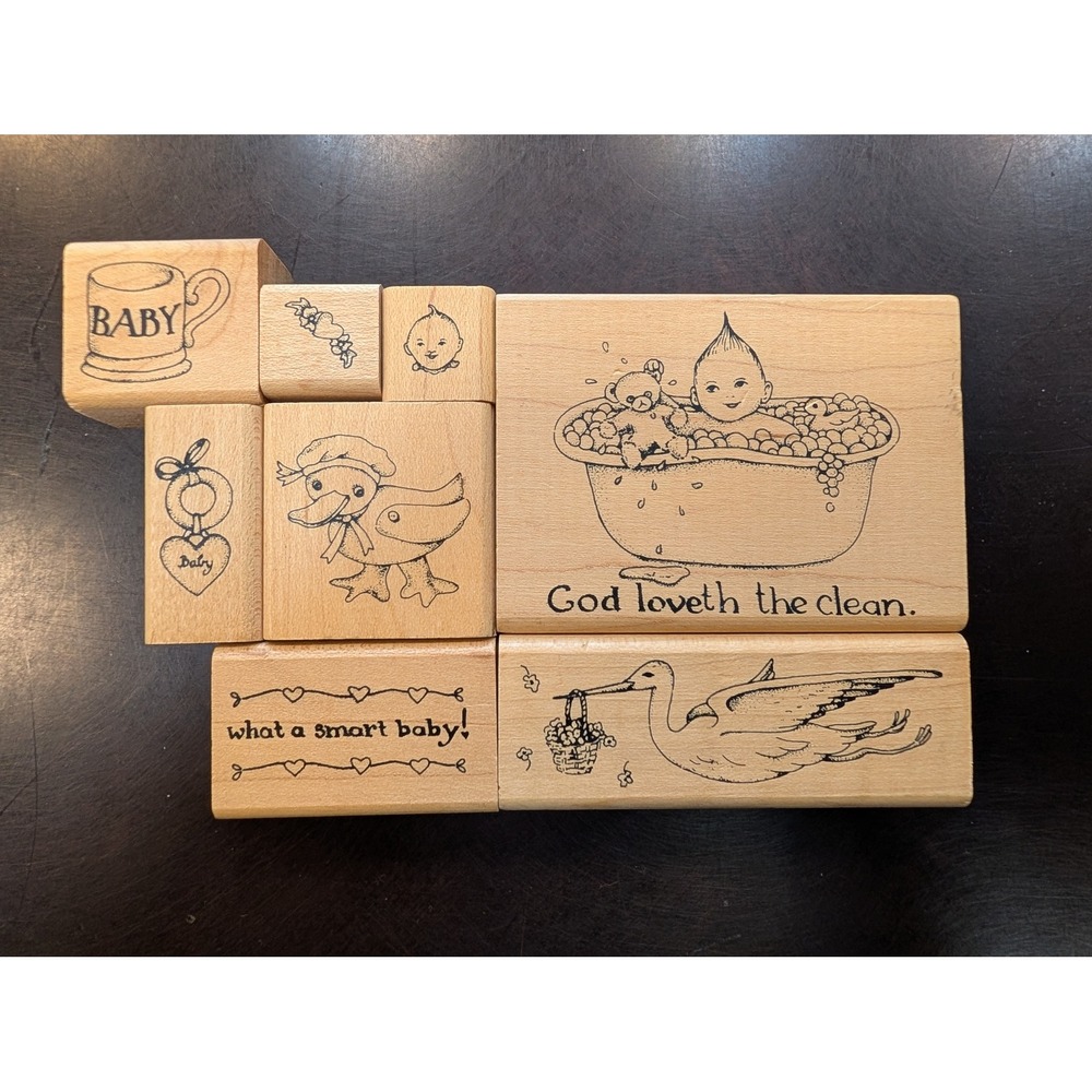 8pc Vintage‎ Style Baby Nursery Wood Mounted Rubber Stamps Stork Bath Duckling